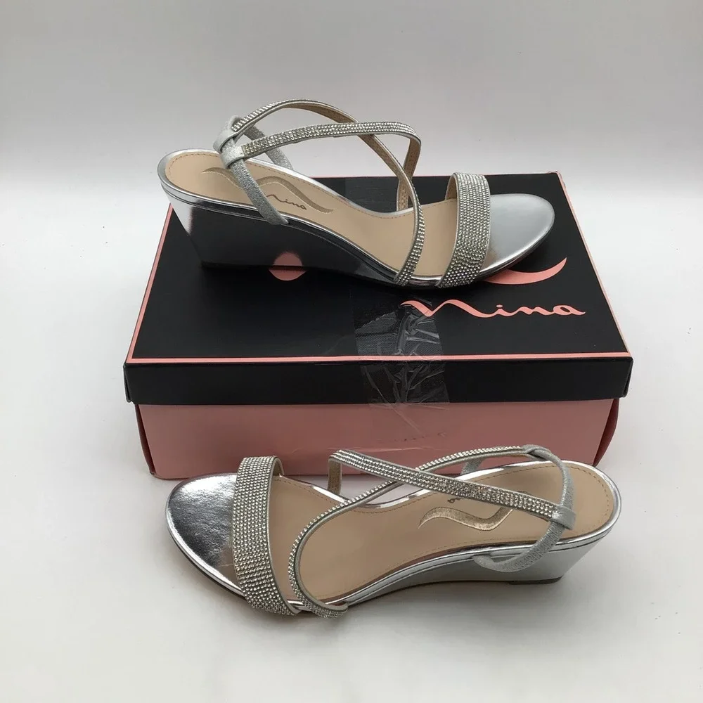 Nina Nixon-FY Silver Rhinestone Wedge Sandals Womens Size 9 M Formal‎ Shoes NEW